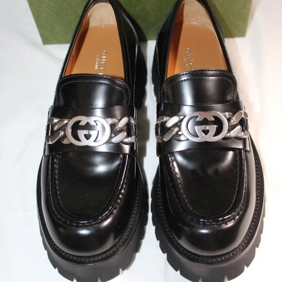 NWB GUCCI Lug Sole Loafers Black GG Hardware Lux Moccasin Magnum 40 752650 - Picture 1 of 4